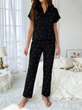 Women Sleepwear Black Lace Trim Cherry Print 2 Piece Pajamas Set Short Sleeve Top & Full-Length Pants Homewear