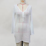 V Neck Long Sleeve Hollow Out Crochet Knitted Tunic Beach Cover Up Cover-ups Beach Dress Beach Wear Beachwear Female Women V6081