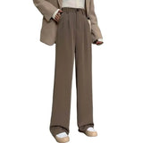 Women High Waist Straight Wide Leg Pants Solid Color Suit Pants Elastic Slant Pockets Loose Office Trousers