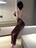 Sexy 2023 Summer Royal Sister Temperament backless Slim Long Lacquer Leather Fashion Solid color Wrap Hip Dress Women's KZCB