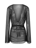 Women's Summer Solid Color Sheer Beach Mini Dress Long Sleeve Deep V Neck Swim Cover Up Swimwear for Pool Vacation
