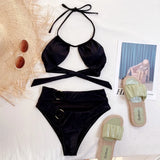 Bikini 2026 Sexy Swimwear Swimsuit Women Black Hollow High Waist Halter Bikinis Set Bathing Suit Beach Bikini Metal Ring Decor