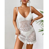 DEKA Style Knitting Multicolor Slip Dress Fashion Hollow Out Short Dress Women's Beach Holiday Bikini Cover Up Fishnet Crochet S