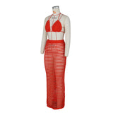 DEKA Beach Cover Up High Split Crochet Knitted Tunic Beach Dress Beach Wear Beachwear Women Long Knit Hollow Tassels Skirt Suit