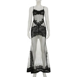 FDYOUI Sexy Lace Patchwork Mesh Long Dress Women Spaghetti Strap See-through Evening Party Dresses White Black Night Club Outfit