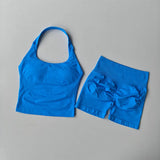 2PCS Seamless Halter Neck Yoga Set Push up Sports Bra And High Waist Butt Lift Fitness Shorts Tummy Control Fitness Wear