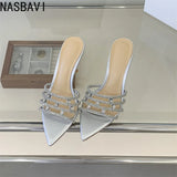 Fashion Crystal Rhinestone Thin High Heels Slippers Summer Pointed Toe Open Toes Woman Retro Slippers Party Dress Shoes New