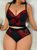 Black Red Embroidery Lace Splicing Lingerie Set Plus Size Wireless Minimizer Bra Sheer Breathable Seamless