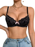 Floral Lace Push Up Women Bra Sexy Deep V Breathable Mesh Everyday Lingerie Thin Cup Adjustable Straps Underwire Bra