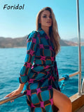 Foridol Side Split Women Fashion Geometric Print Blue New In Shirt Wrap Dress Women Long Sleeve Bowknot Maxi Long Vestido Robe