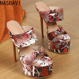Summer Snake Pattern Peep Toe 16cm Ultra-high Heels Sexy Platform Nightclub Slippers Ladies Sandals Mules Slides Shoes 36-42 New