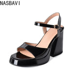 NASBAVI Women Patent Leather Sandals Super Chunky High Heeled Ankle Buckle Shoes Platform Summer Thick Heel Sandal Ladies 35-43