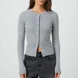 Autumn Winter Sweater Cardigan Women Solid Color Long Sleeve Round Neck Button Up Ribbed Knitwear Slim Coat