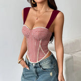 Retro French Jacquard Red Plaid Camisole 2026 Women Sexy Lace Trim Spliced Off Shoulder Chest Wrapped Fishbone Chest Party Tops