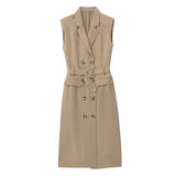 Foridol Khaki Double Breasted Sleeveless Office Windbreaker Style Dress Turn Down Collar Lady Elegenta Vintage Belt New Vestidos