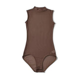 Solid Color Spring Stand-up Collar Sleeveless Tank Top For Women Light Mature Style Sexy Slim-fit See-through Mesh Bodysuit WHBH