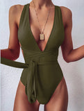 Sexy Red One Piece Swimsuit 2026 Women Push Up Lace Up Bandage Bodysuit Brazilian Deep V Neck Backless Bathing Suit Swimwear