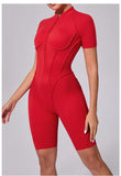 Summer Zipper Workout Jumpsuit Sports Overalls Women Running Fitness Short Sleeve Yoga Bodysuit