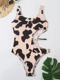 2026 Cow Print Rib Cut-out One Piece Swimsuit Ring Link Swimwear Women Bathing Suit Female Swimming Summer Beachwear Bodysuit