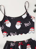 Women Sleepwear Christmas Santa Print Crew Neck Sleeveless with Spaghetti Strap Top and Shorts Pajama Set Loungewear