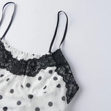 Women Fashion Dot Print Lace Patchwork Crop Tops Summer Slim Camisole Spaghetti Strap Mesh Tank Tops Streetwear