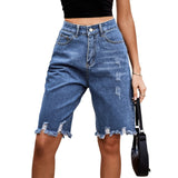 Women’s Ripped Bermuda Denim Shorts Solid Color Casual High Waist Raw Hem Knee Length Jean Shorts Streetwear