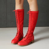 2026 Plus Size 48 Black Flower Mesh Lace Knee High Boots Women Breathable Square Heels Red White Summer Boots Shoes Zipper