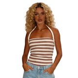 Women Fashion Summer Tank Tops Halter Neck Sleeveless Solid Color/Striped Print Slim Fit Vest