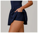Women Front Zipper Tennis Dress Fake Two-piece Pieces Stand Up Collar Slim Fit Soft Sports Sets Fitness Pocket Skorts Yoga Suits