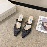 Large Size Women's Summer Outdoor Sandals Pointed Toe Mesh Upper Thick Heel Slip-On Korean Style Rubber Bottom Flats