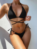 5 Colors Sexy Bikini Women Swimwear Swimsuit Solid Halter Pleated Triangle Knotted Beach Bikinis Set Bathing Suit Rings Decor