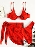 Marble Print V-Bar Underwired Bikini Women Swimsuit Female Swimwear Three-pieces Bikini Set Push Up Bathing Suit Beach Sarong