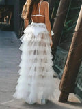 White Ruffled Tiered Tulle Over Wrap Skirts Women Sheer Mesh Summer Maxi Skirt Low Long Beach Tulle Skirt Bridal Detachable FR8E