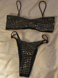 Black rhinestone process bikini sexy thong split swimsuit 2-piece beach set