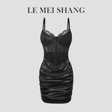 Hot Girls Slim Spaghetti Strap Mini Dresses Women Sexy See Through Flower Lace Fold Package Hip Bodycon Short Dress Club Vestido