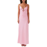Women Cami Dress Solid Color Sleeveless Tie-Up Front Sleeveless Backless Dress Long Dress Summer Casual Spaghetti Strap Dress