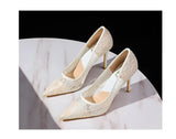 NASBAVI Sexy Lace High Heels Net Gauze Thin Heel Pointed Toe Slimming Nightclub Style Low Heel Single Shoes 41 42 43