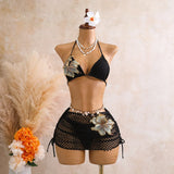 Sexy Black 3D Flower Holiday Bikini Set 2026 Women Drawstring Side Knitted Cover Up 3 Piece Swimsuit Beach Bathing Suit Swimwear