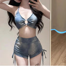 Swimsuit Women's Blue Tie Dye Split Bikini Cover, Sexy Women's Hot Spring Swimsuit Three Piece Set
