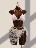 DEKA 3 Piece Brazil Triangle Bikini Set Vintage Pink Floral Embroidery Cover Up Women Halter Push Up Thong Swimsuit Bathing Suit