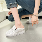 Shoes Cover Toe Low House Slippers Platform Loafers Slides Slipers Women Fretwork Heels Flat 2025 Summer PU