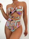 2026 Halter Hollow Swimsuit One Piece Sexy Print Ring Link Swimwear Women Bathing Swimming Swim Suit Padded Beachwear Summer XXL