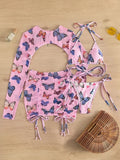 Long Sleeve Printed Halter Bikini Female Swimsuit Women Swimwear Four-pieces Bikini Set with Mesh Skirt Bathing Suit Beach Wear