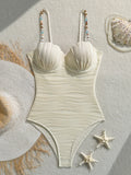 Wrinkled Shell Underwired Beads Women Swimwear One Piece Swimsuit Female High Leg Cut Monokini Bather Bathing Suit Swim Bodysuit
