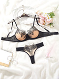 Sexy Underwire Cute Push Up Strappy Embroidered Mesh Sheer Lingerie Set See Through chick padding Panty Bra