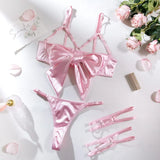 Women's 3 Piece Lingerie Set Sexy Hollow Out Satin Bow Tie Bra and Panty Set with Thigh Straps