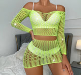 Sexy long-sleeved two-piece set, top and short skirt suit, fishnet lingerie, exotic dancewear and dance costumes.