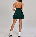 Summer Sleeveless Halter Slim Tennis Dress Women Sexy 2-in-1 Hollow Backless Golf Sports Dresses Outdoor Running Fitness Skirt