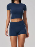 Color Contrast Yoga Suit Women Short Sleeve O Neck Sports T Shirts Tracksuit Outwear High Waist Shorts Gym Running Fitness Suits