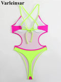 V Neck Splicing Extreme String Mini Micro Thong Women Swimwear One Piece Swimsuit Female Padded Bathing Suit Bather Swim V7085